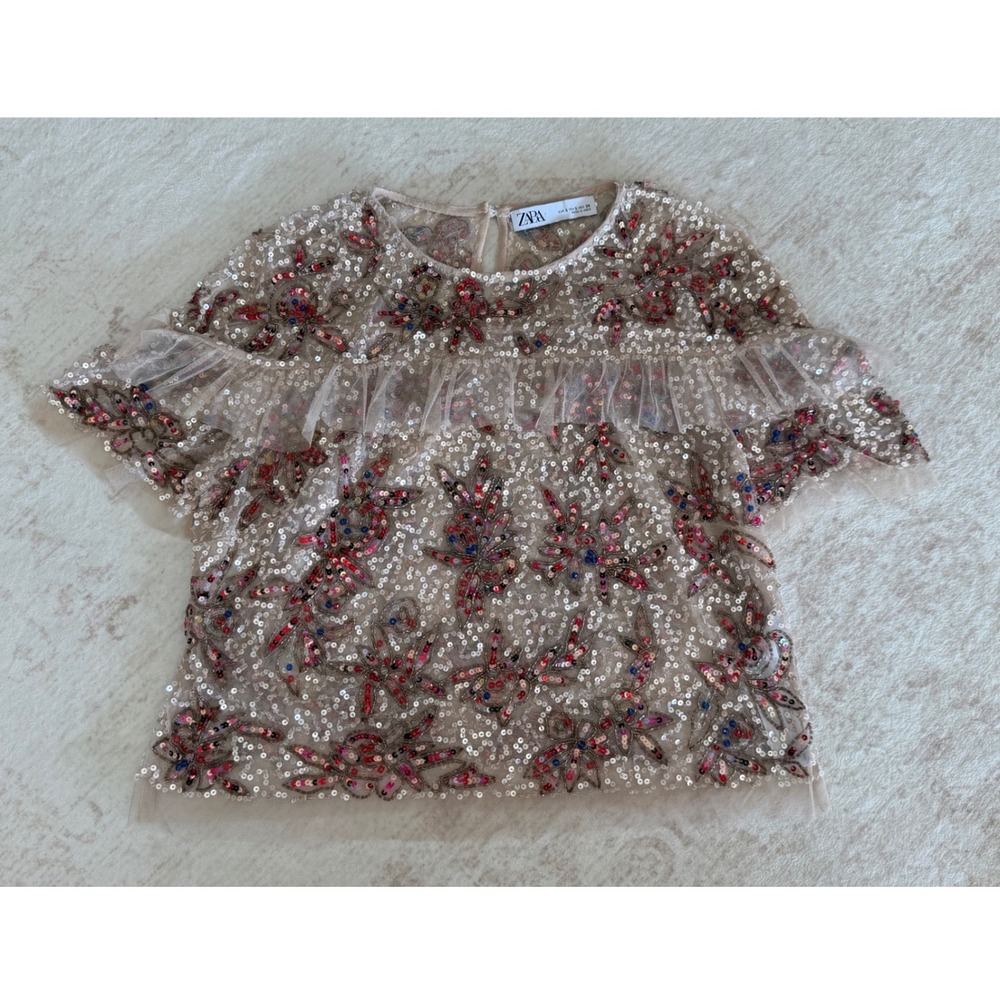 Zara Womens Small Sequin Floral Mesh Top Ruffle Short Sleeve Sheer Champagne